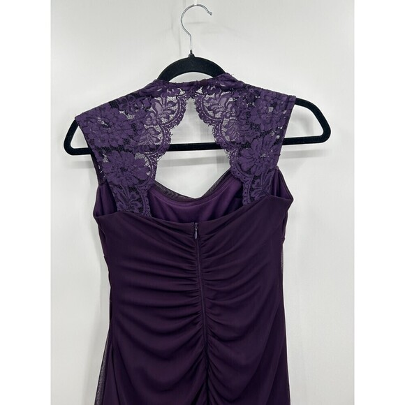 XSCAPE Eggplant Purple Lace Shoulder Ruched Drape Front Maxi Bridesmaid Dress 4 - Picture 5 of 7